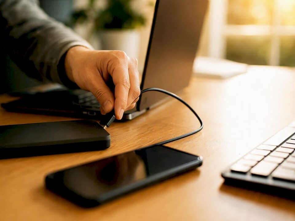 Hand plugging charger cable into device on desk