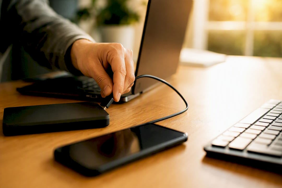 Hand plugging charger cable into device on desk