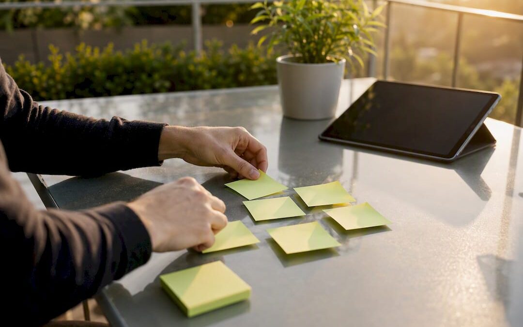 hands arranging sticky notes in SEO workspace