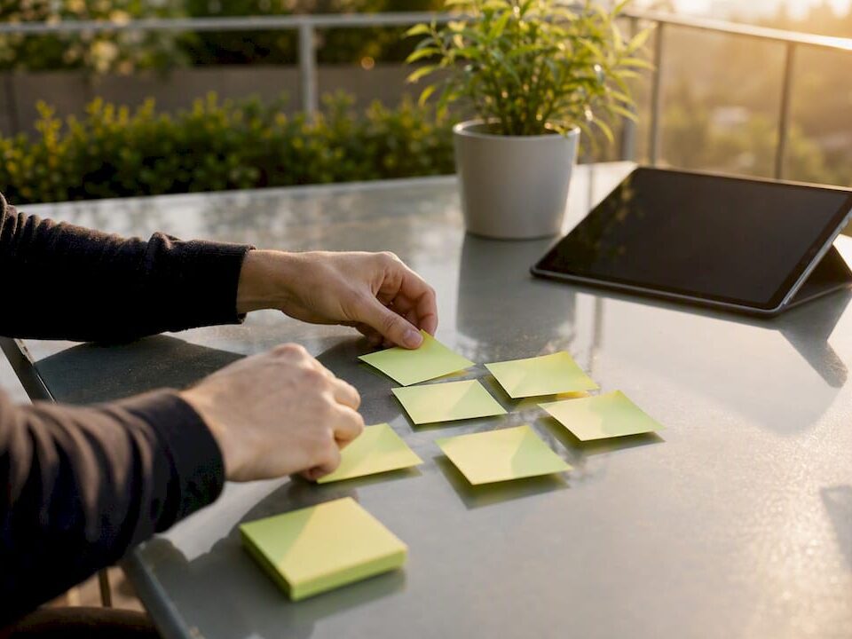 hands arranging sticky notes in SEO workspace
