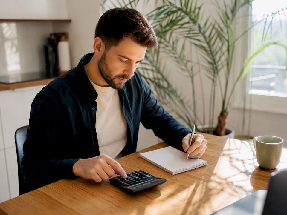 Hands calculating business budget on calculator