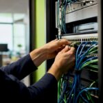 Hands connecting network cables in server room
