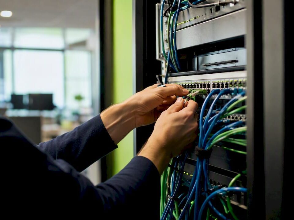 Hands connecting network cables in server room