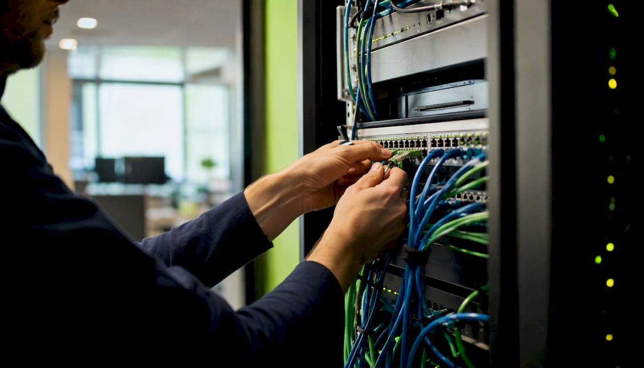 Hands connecting network cables in server room