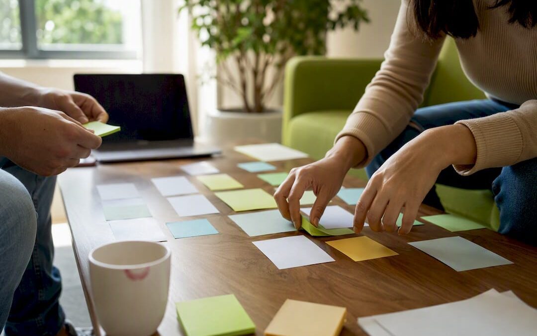Hands arranging business scenario cards on table