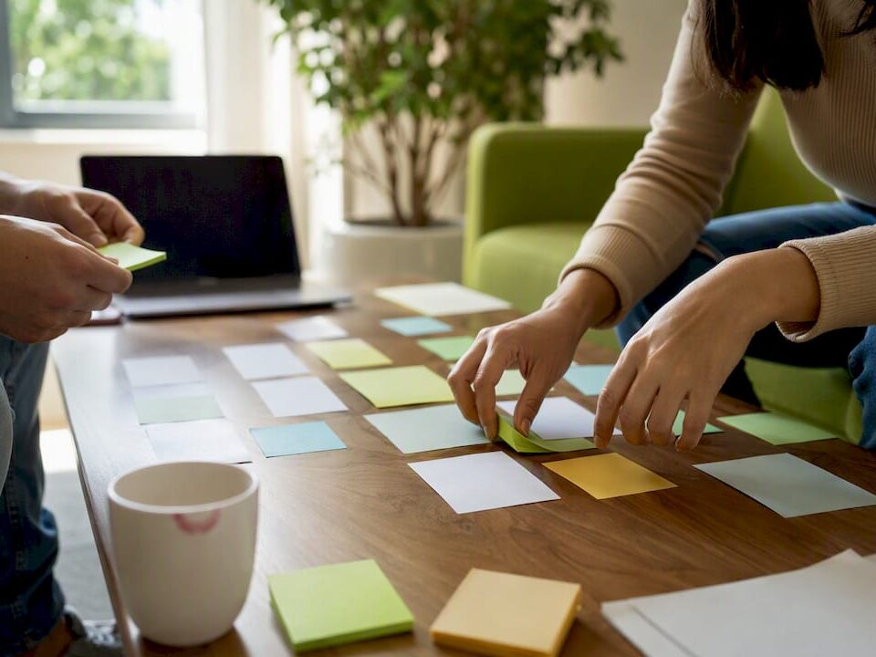 Hands arranging business scenario cards on table