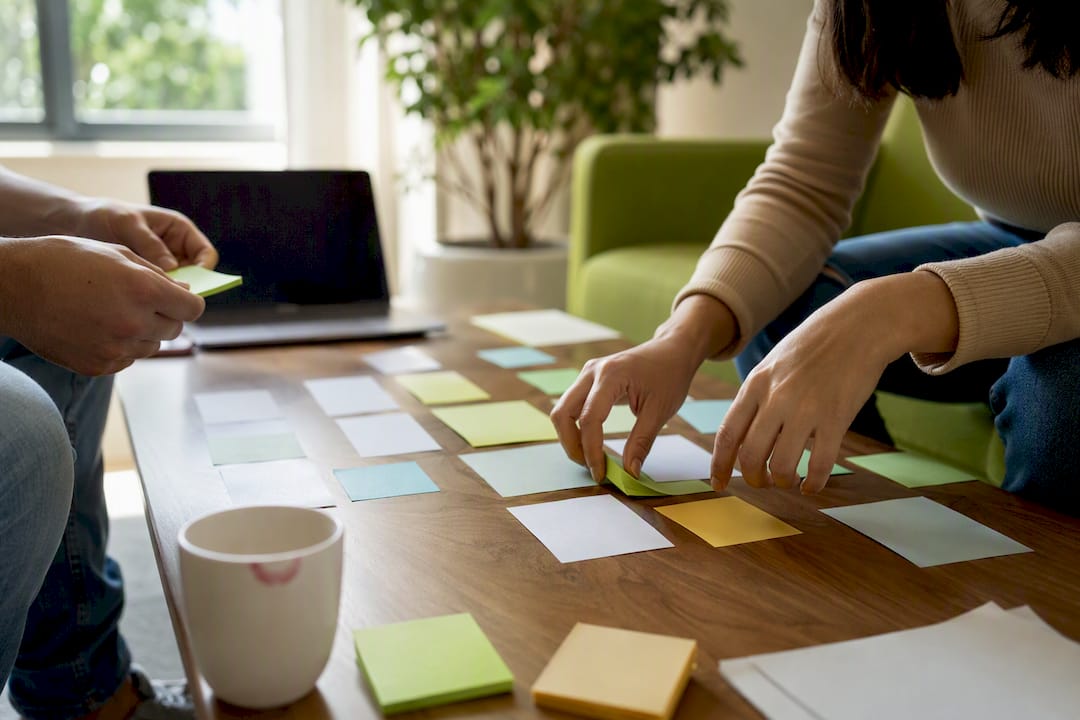 Hands arranging business scenario cards on table