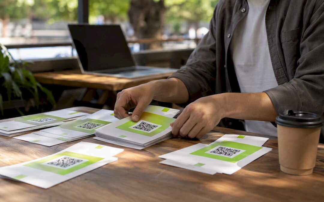 Hands arranging flyers with QR codes on table