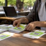 Hands arranging flyers with QR codes on table