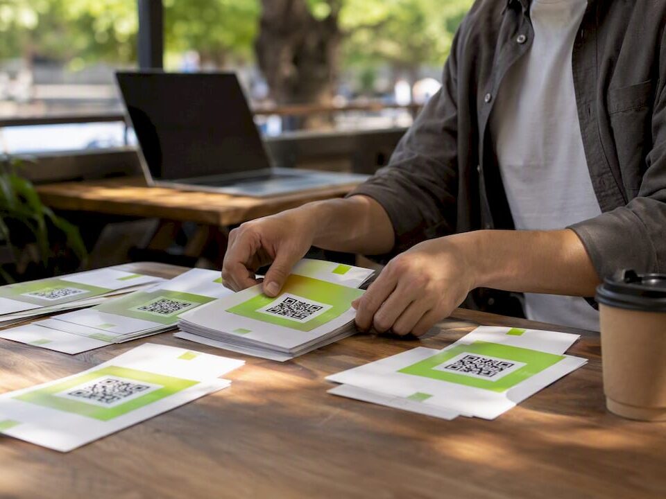 Hands arranging flyers with QR codes on table