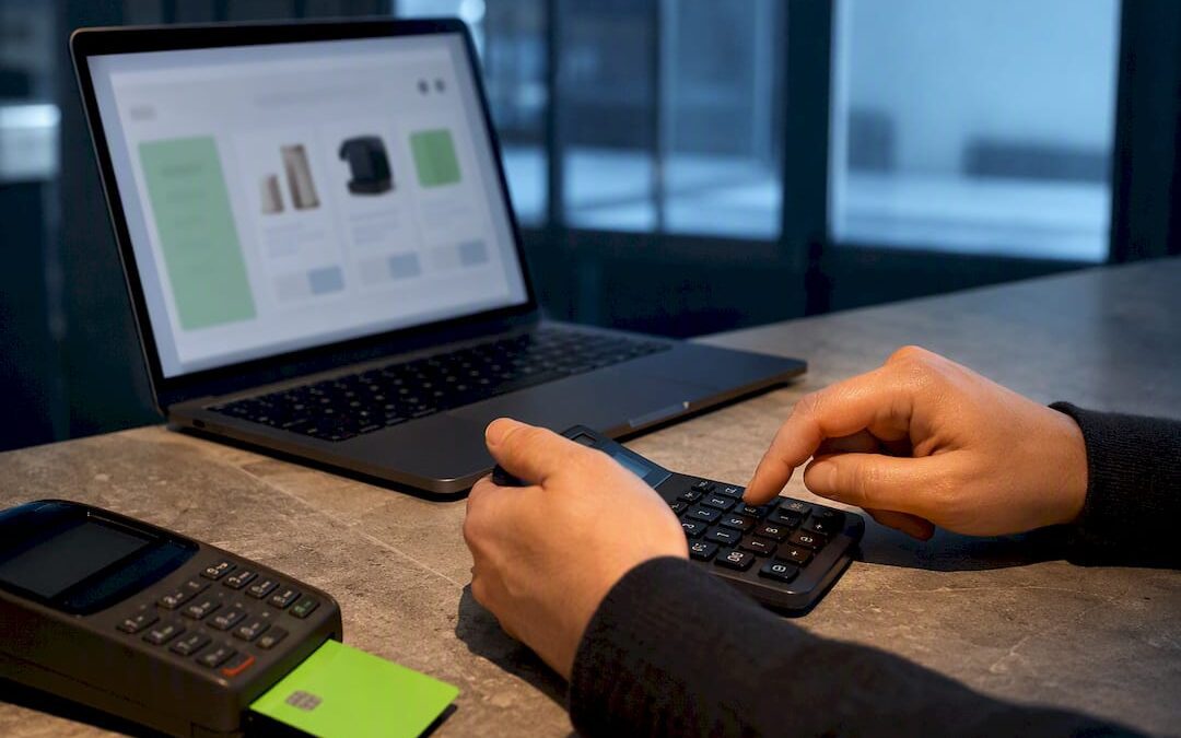 Calculator beside blurred online shop interface