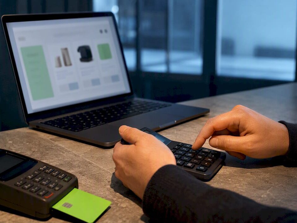 Calculator beside blurred online shop interface