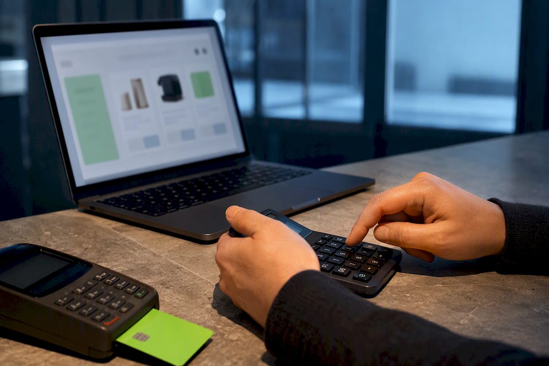Calculator beside blurred online shop interface