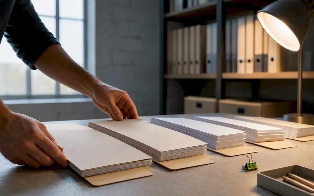 Hands organizing document versions in folders
