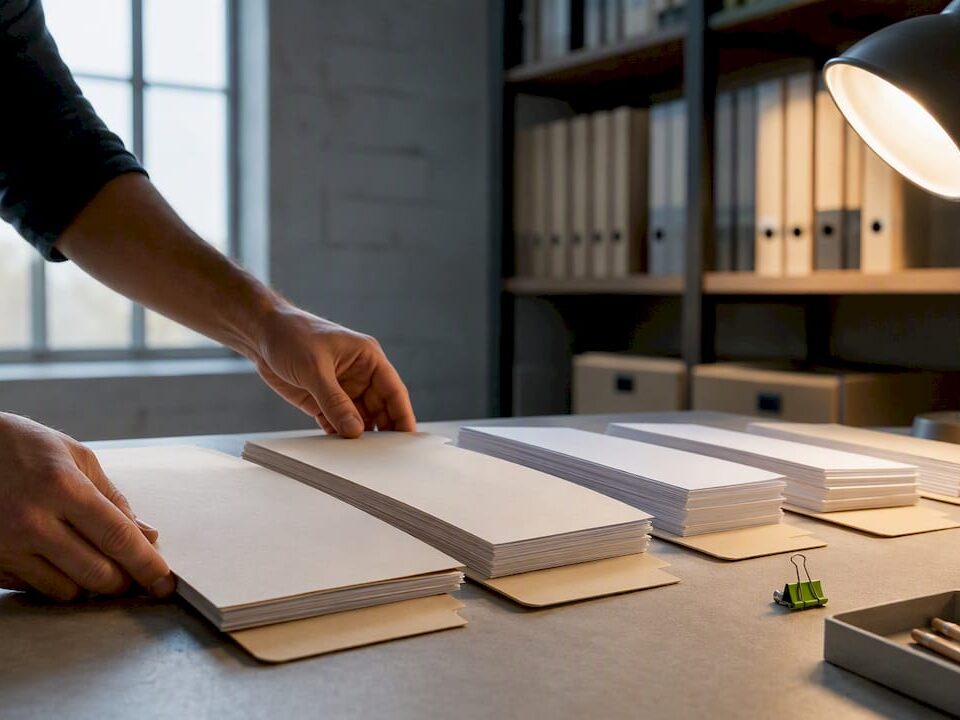Hands organizing document versions in folders