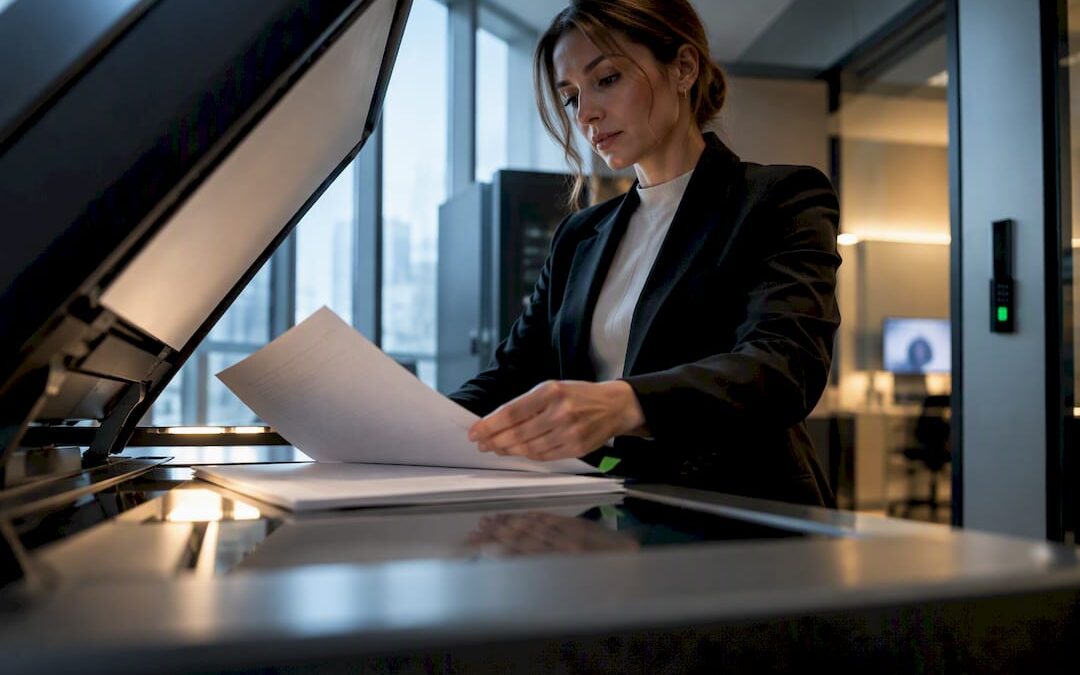 Anonymized legal pages entering a document scanner