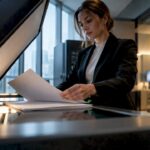 Anonymized legal pages entering a document scanner