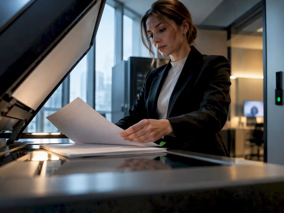 Anonymized legal pages entering a document scanner