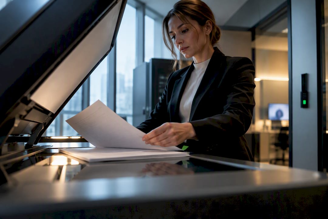 Anonymized legal pages entering a document scanner